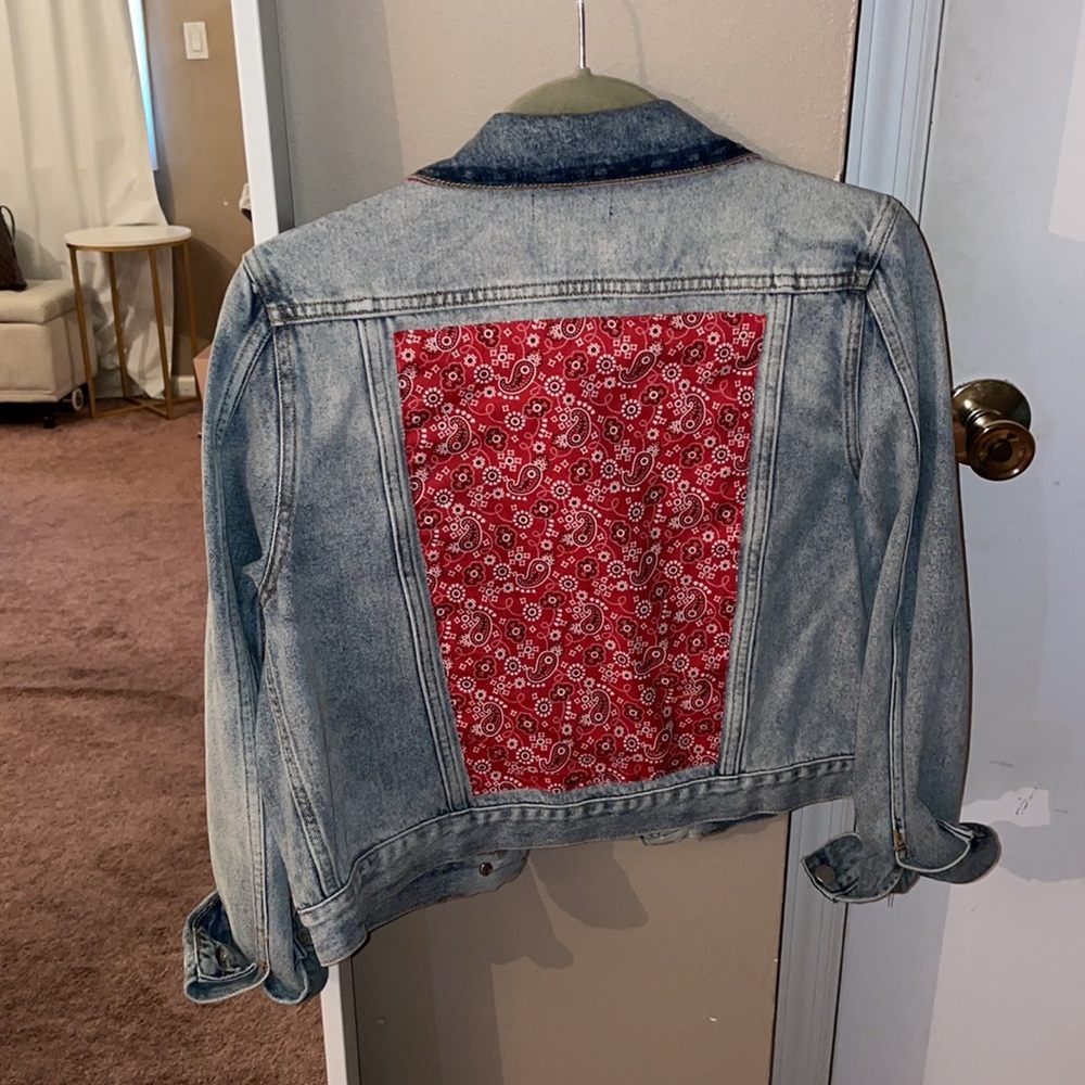 AQUA denim jacket with red accent back size XS